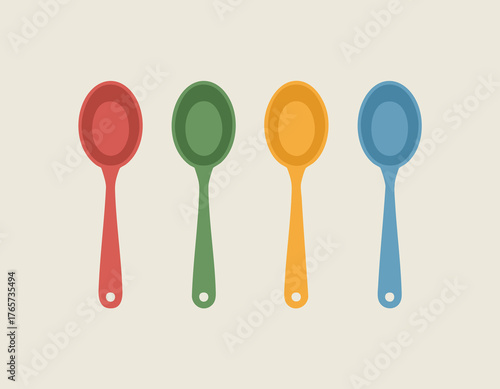 Four vibrant evenly spaced spoons stand out against a neutral background