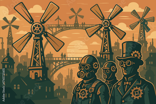 Steampunk Skyline at Sunset – Gear-Masked Figures & Wind Turbines