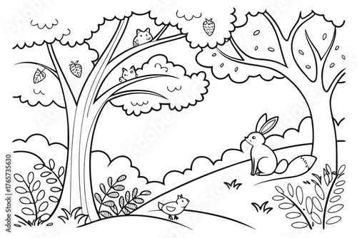 A highly detailed whimsical forest with curvy trees, hidden friendly animals (rabbits, foxes, birds), and flowing foliage, line art, coloring book page, crisp black outline, pure white background, no 