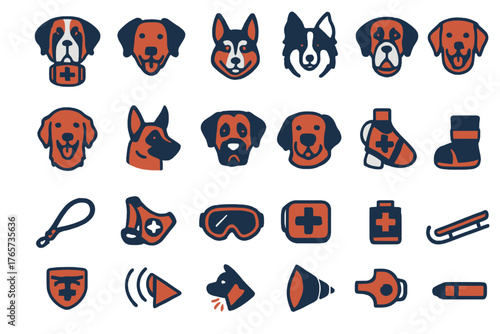 Rescue dog and emergency supply icon collection