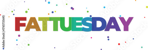 Mardi Gras text with colorful gradient letters and confetti on white Fat Tuesday