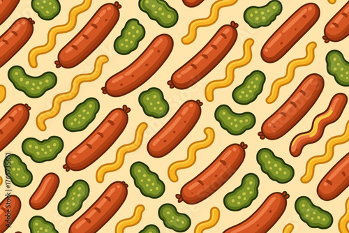 Seamless sausage pattern with pickles and mustard squiggles