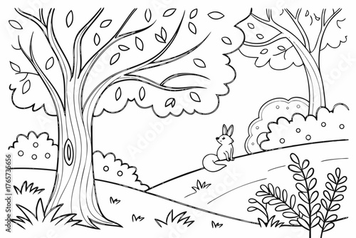 A highly detailed whimsical forest with curvy trees, hidden friendly animals (rabbits, foxes, birds), and flowing foliage, line art, coloring book page, crisp black outline, pure white background, no 