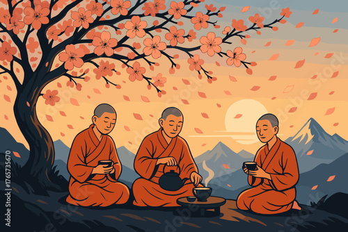 Monks enjoying tea beneath cherry blossoms at sunset