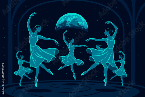 Ballerinas performing in space with Earth in the background