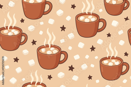 Seamless hot cocoa and marshmallow pattern with stars