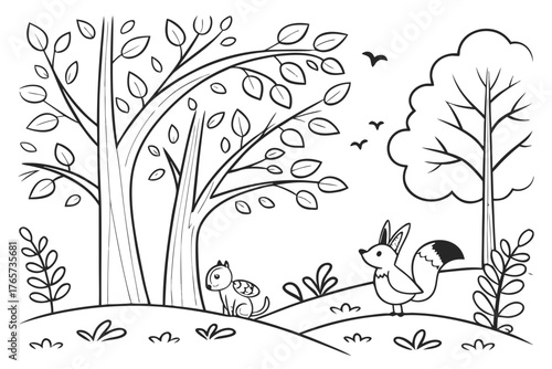 A highly detailed whimsical forest with curvy trees, hidden friendly animals (rabbits, foxes, birds), and flowing foliage, line art, coloring book page, crisp black outline, pure white background, no 