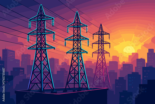 Electric towers glowing over vibrant city skyline at sunrise