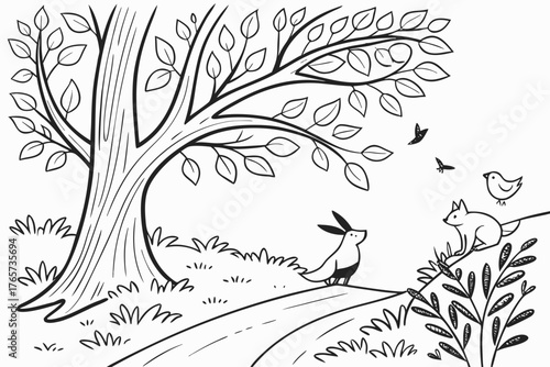 A highly detailed whimsical forest with curvy trees, hidden friendly animals (rabbits, foxes, birds), and flowing foliage, line art, coloring book page, crisp black outline, pure white background, no 