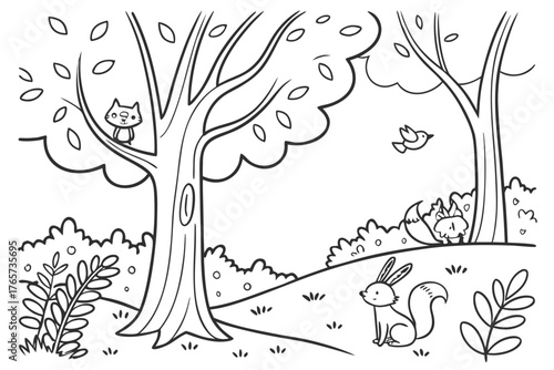 A highly detailed whimsical forest with curvy trees, hidden friendly animals (rabbits, foxes, birds), and flowing foliage, line art, coloring book page, crisp black outline, pure white background, no 