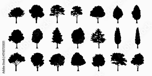 Collection of diverse tree silhouettes isolated on white background