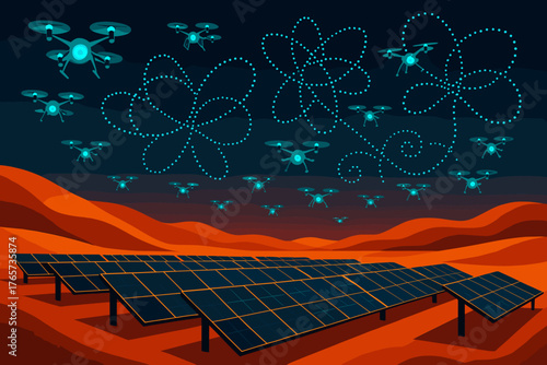 Drones performing light show above desert solar panel field