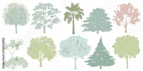 Collection of stylized trees in various pastel colors and shapes on a white background