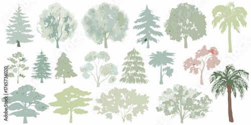 Collection of stylized watercolor trees and plants in various shades of green and pastel colors