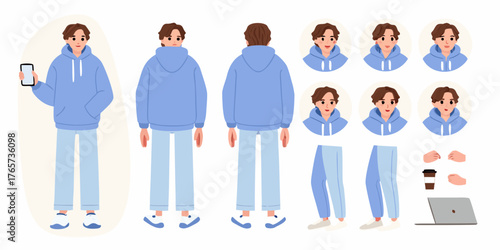 Young man character design kit with multiple poses and expressions for animation and illustration