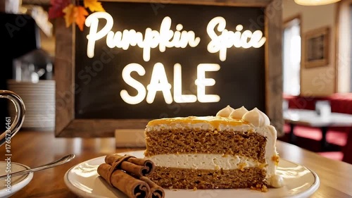 Delicious slice of pumpkin spice cake with cinnamon sticks and autumn leaves in background