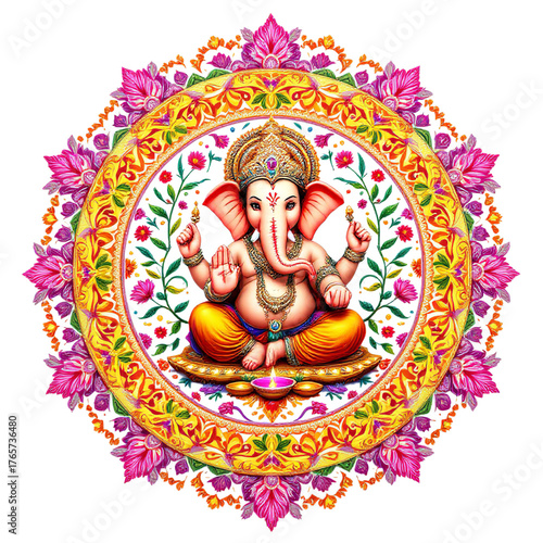 Lord Ganesha illustration with colorful mandala design