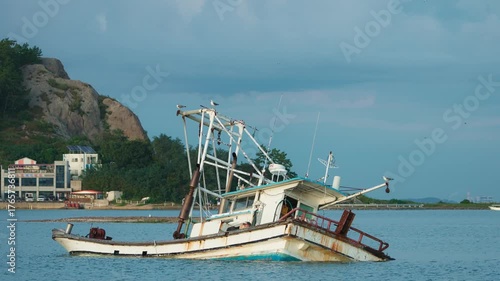 Old Fishing Boat Stranded in Shallow Coastal Water with Seagulls