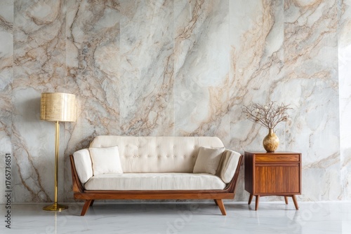 Elegant sofa and side table against a marble wall provide a modern aesthetic.