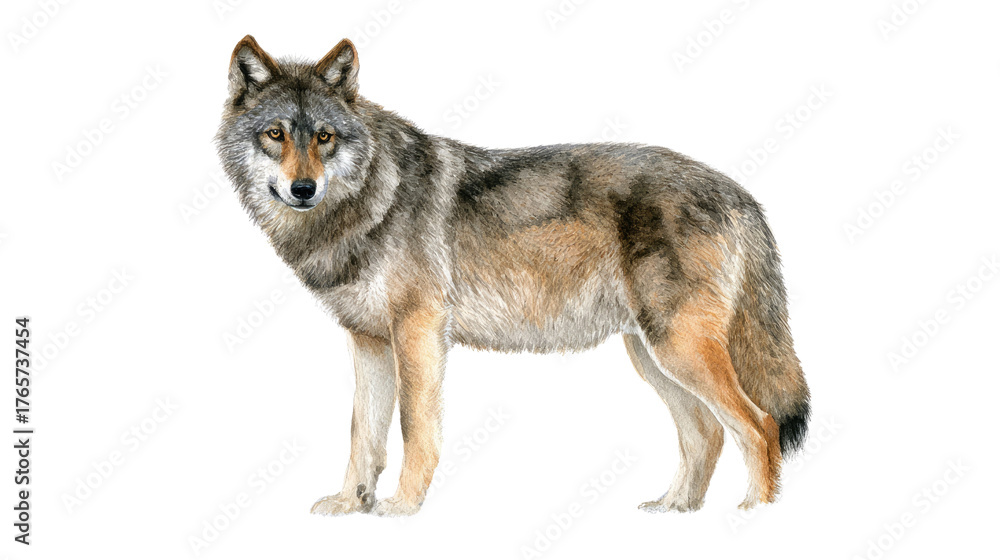 Obraz premium Noble Lone Wolf: A solitary wolf stands gracefully, its eyes fixed forward with an air of dignified strength. A captivating portrait of the wild.