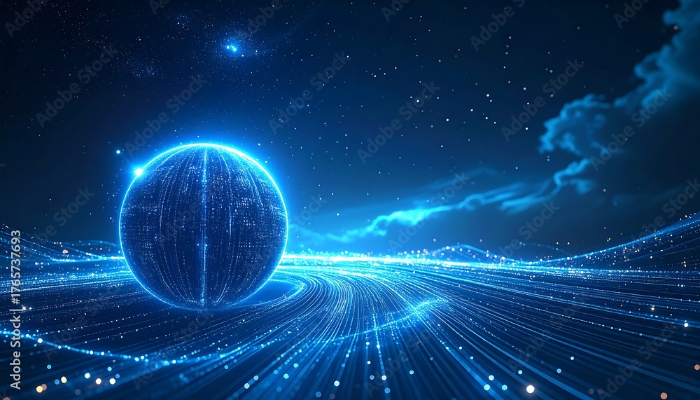 Obraz premium Luminous sphere on a path amidst a star-filled, cloud-streaked blue sky, enhanced with digital elements