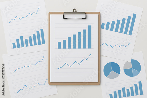 Business report concept with clipboard paper containing graphs charts and diagrams for analysis management and performance