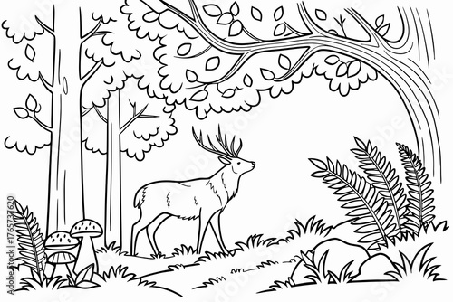 A serene woodland scene featuring a majestic stag standing among detailed oak trees, ferns, and various mushrooms, line art, coloring book page for adults, single continuous black line on white backgr