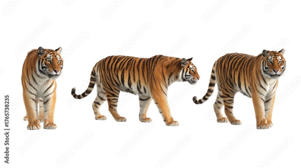 Obraz premium Striking Tiger Trio: A captivating image of three majestic tigers captured in their full splendor, each showcasing a unique pose.