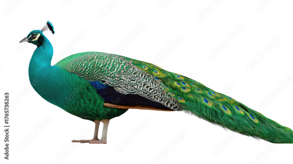 Naklejka premium Emerald Plumage: A male peacock, resplendent in its iridescent emerald and blue plumage, showcasing the intricate patterns of its long tail feathers. A symbol of beauty and pride.