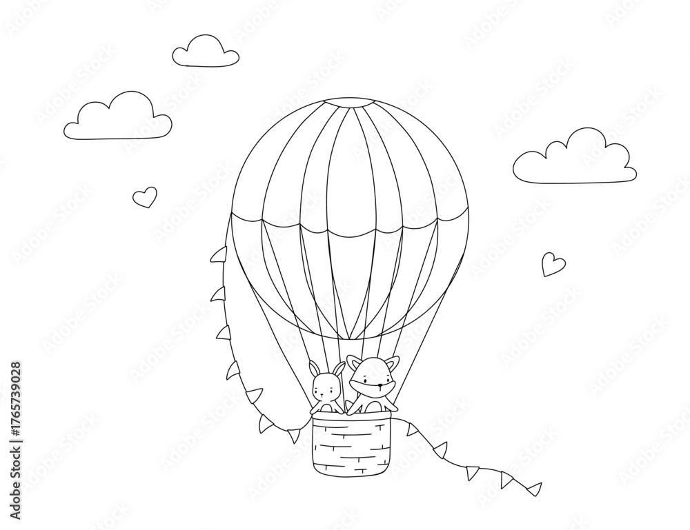 Obraz premium Cute illustration for coloring book with hot air balloon, baby animal. Bunny and fox outline sketch
