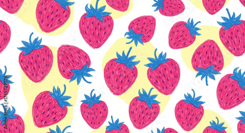 Vibrant hand-drawn pattern of pink strawberries with blue stems on a white background with yellow splotches, creating a cheerful fruit design