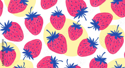Vibrant hand-drawn strawberry pattern with cheerful pink berries and sunny yellow accents, a fresh, sweet design for summer and playful textiles