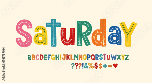 Embrace the weekend joy with this delightful, hand-drawn `Saturday` word art, accompanied by a full decorative alphabet and useful symbols, ideal for joyful designs and creative projects