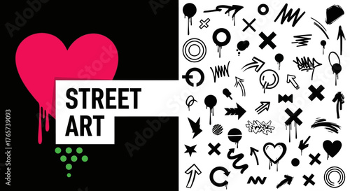 Versatile collection of hand-drawn urban art elements featuring a vibrant dripping heart and an extensive array of graffiti-style doodles, perfect for modern design projects
