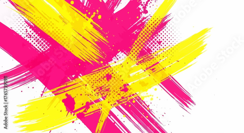 Dynamic abstract background featuring energetic pink and yellow brush strokes with halftone textures, creating a vibrant artistic splash for modern graphic design projects