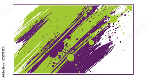 Dynamic abstract background featuring vibrant green and purple paint brushstrokes with splatters, ideal for creative design projects and modern graphic art