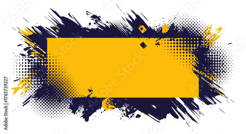 Modern graphic design element featuring a bright yellow rectangle framed by a dynamic dark grunge border, distressed ink splatters and halftone dot patterns