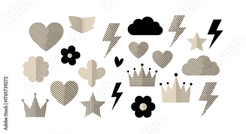 Minimalist monochromatic vector graphic elements set. Features hearts, crowns, stars, clouds, lightning bolts, and abstract symbols. Versatile decorative collection for modern design