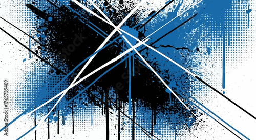 Dynamic abstract grunge background with vibrant blue and black paint splatters, intersecting white and blue lines creating a modern artistic design for banners, posters, and digital artwork