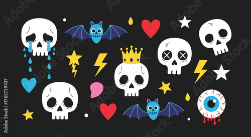 Whimsical Halloween graphic elements set featuring charming cartoon skulls, mysterious flying bats, vibrant hearts, and sparkling stars for festive seasonal designs