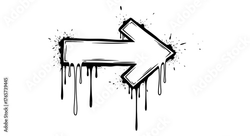 Dynamic black grunge arrow illustration pointing right with a distinctive paint splatter and dripping ink effect, symbolizing direction, progress, and urban artistic expression