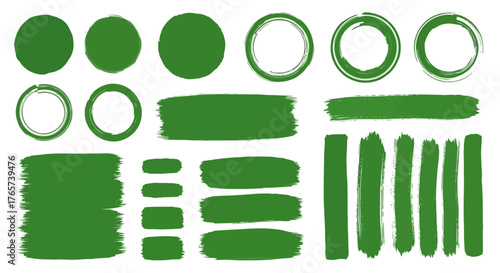 Green hand-drawn brush strokes set. Organic grunge textures, diverse artistic shapes like circles, rectangles, and lines. Perfect for creative graphic design and adding natural flair