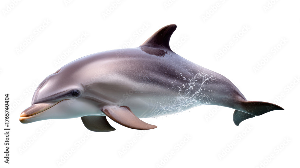 Fototapeta premium Dolphin's Grace: An elegant dolphin, with smooth gray skin, swims gracefully. Its playful nature is highlighted, showcasing the beauty and intelligence of marine life.