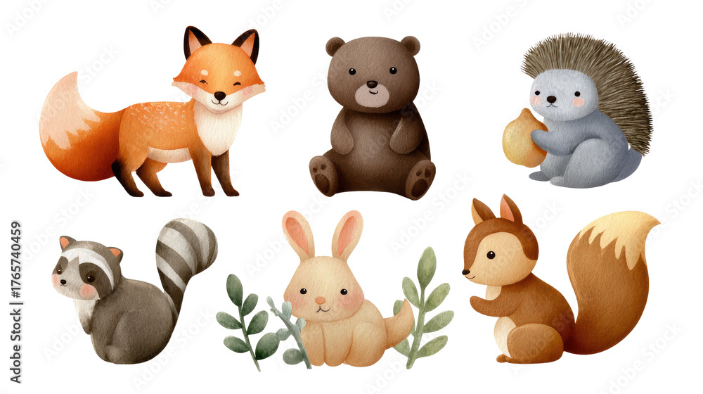 Fototapeta premium Woodland Friends Gathering: A charming collection of woodland creatures gathers in a whimsical scene, each exuding a unique personality and radiating warmth.