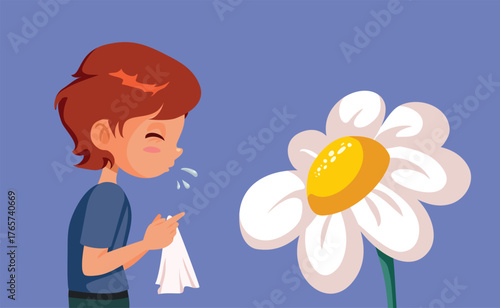 Child Sneezing Allergic to Pollen Vector Illustration. Little kid having problems during allergy season
