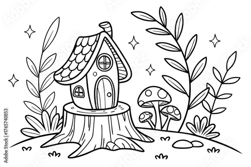 An enchanted forest clearing with a detailed fairy house on a tree stump, surrounded by glowing mushrooms, magical vines, and sparkling leaves, line art, coloring page, clean black outline, white back