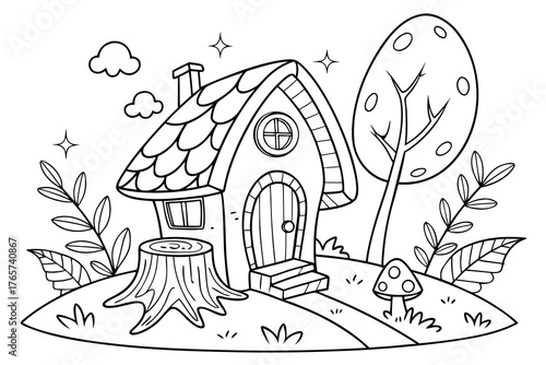 An enchanted forest clearing with a detailed fairy house on a tree stump, surrounded by glowing mushrooms, magical vines, and sparkling leaves, line art, coloring page, clean black outline, white back