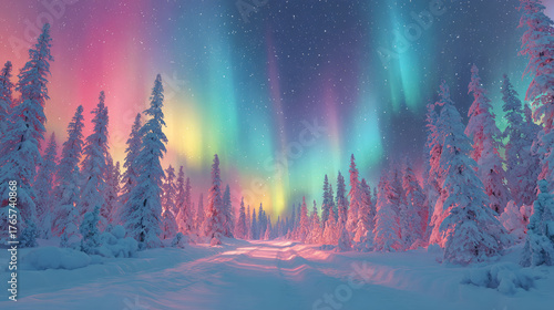 Colorful northern lights dance in the sky over a serene winter scene. Snow-covered trees frame a tranquil path leading into a vibrant night sky filled with stars