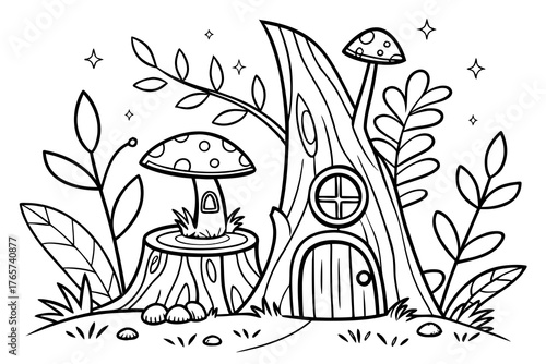 An enchanted forest clearing with a detailed fairy house on a tree stump, surrounded by glowing mushrooms, magical vines, and sparkling leaves, line art, coloring page, clean black outline, white back