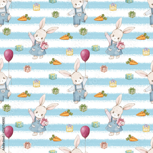 Watercolor Christmas Bunny Seamless Pattern